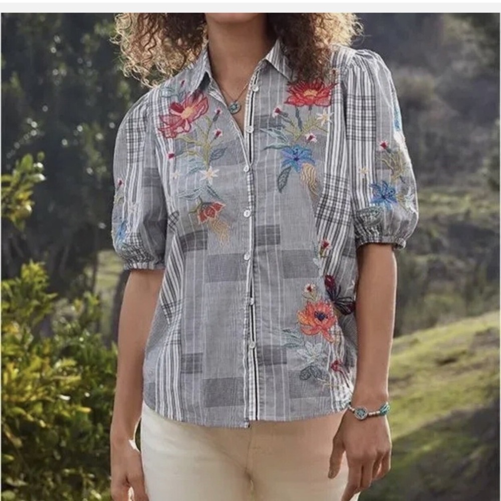 Johnny Was Jordan Lisbon Patchwork Floral Embroidered Plaid Cotton Button Up XS